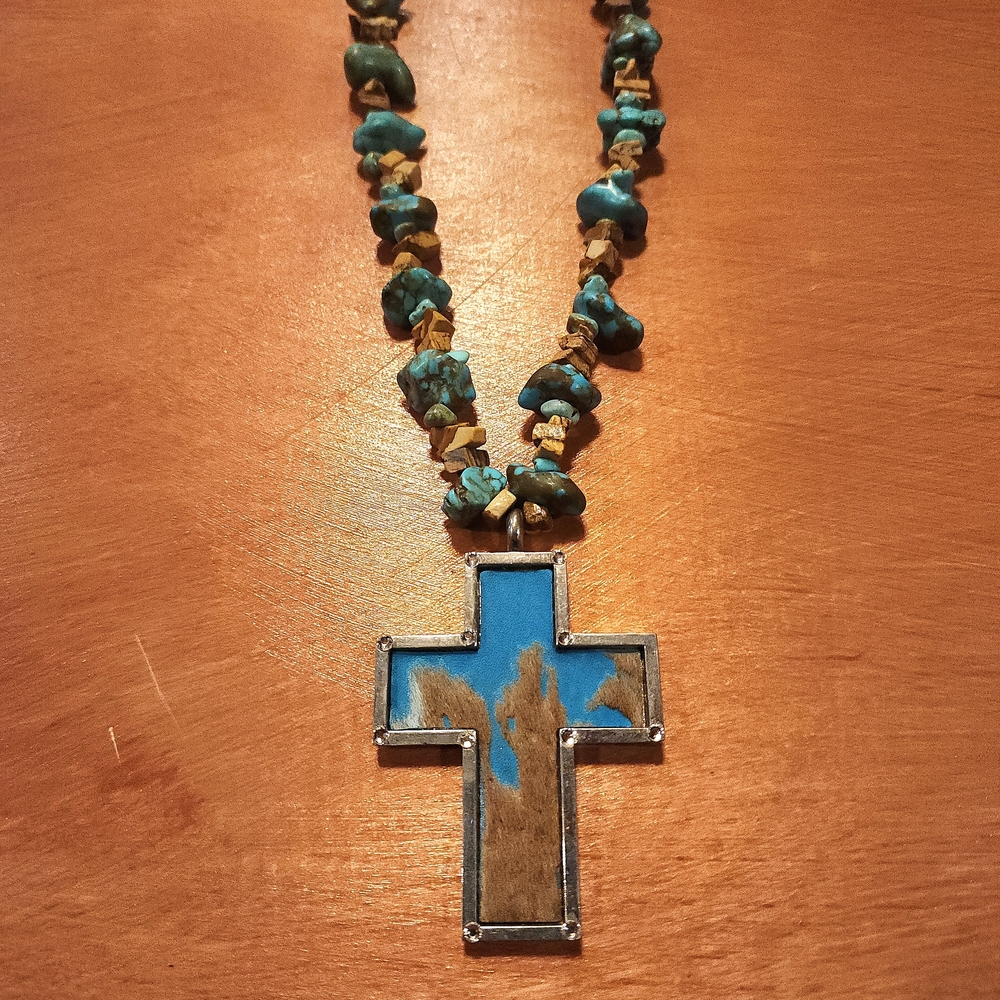 Jasper, Howlite, & Cowhide Cross Necklace